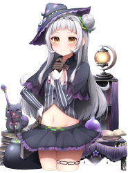 Rule 34 | 1girl, absurdres, black hairband, black headwear, black skirt, blush, book, book stack, bow, bowtie, brown eyes, brown gloves, capelet, cauldron, closed mouth, cowboy shot, cropped legs, frilled skirt, frills, gloves, grey hair, hair bun, hairband, hand on own hip, hand up, hat, highres, holding, holding book, hololive, long hair, long sleeves, looking at viewer, midriff, miniskirt, murasaki shion, murasaki shion (1st costume), navel, open book, pepushi drow, pink bow, pink bowtie, shiokko (murasaki shion), shirt, single hair bun, skirt, solo, striped clothes, striped shirt, thigh strap, tilted headwear, vertical-striped clothes, vertical-striped shirt, virtual youtuber, white background, witch hat
