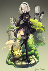Rule 34 | 1girl, 2b (nier:automata), abi (abimel10), arms at sides, black dress, black footwear, black hairband, black ribbon, black thighhighs, blindfold, boots, breasts, cleavage, cleavage cutout, closed mouth, clothing cutout, covered eyes, dress, drone, feather-trimmed sleeves, feather trim, floating, flower, full body, gradient background, hair over eyes, hairband, high heel boots, high heels, juliet sleeves, long sleeves, machinery, medium breasts, mole, mole under mouth, nier:automata, nier (series), pink lips, plant roots, pod (nier:automata), puffy sleeves, ribbed dress, ribbon, robot, short dress, short hair, side slit, solo, standing, thigh boots, thighhighs, tree, twitter username, vambraces, walking, white hair