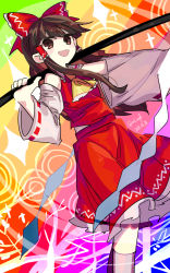 Rule 34 | 1girl, :d, abstract background, absurdres, bare shoulders, blush stickers, bow, brown eyes, brown hair, commentary request, dated, detached sleeves, dutch angle, eyebrows hidden by hair, feet out of frame, gohei, hair bow, hair tubes, hakurei reimu, highres, holding, holding stick, ichirugi, long hair, looking at viewer, open mouth, petticoat, red bow, red skirt, red vest, ribbon-trimmed sleeves, ribbon trim, sidelocks, signature, skirt, skirt set, smile, solo, standing, stick, touhou, unconnected marketeers, vest, white legwear, yellow neckwear