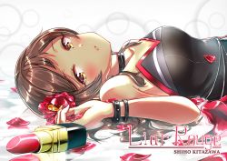 Rule 34 | 1girl, bracelet, breasts, brown eyes, brown hair, character name, choker, cleavage, from side, idolmaster, idolmaster million live!, jewelry, kitazawa shiho, long hair, looking at viewer, lying, on back, lipstick tube, shiitake taishi, sleeveless, small breasts, solo, strapless, upper body, white background