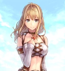 Rule 34 | 1girl, blonde hair, closed mouth, collarbone, detached sleeves, facing viewer, fiora (xenoblade), green eyes, jewelry, long hair, looking at viewer, midriff, sky, smile, solo, uni (cowardly bug), xenoblade chronicles (series), xenoblade chronicles 1