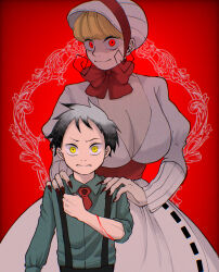 Rule 34 | 1boy, 1girl, aqua shirt, black hair, black nails, bleeding, blonde hair, blood, blood on arm, bonnet, breasts, cleavage, clenched hand, dress, fabricant 100, fabricant number 100, highres, large breasts, long sleeves, red background, red eyes, shirt, short hair, sleeve rolled up, smile, suspenders, white dress, yakishion417, yao ashibi, yellow eyes