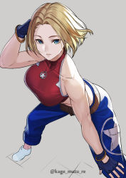 Rule 34 | 1girl, absurdres, bare shoulders, blonde hair, blue eyes, blue mary, breasts, crop top, fatal fury, highres, kagematsuri, large breasts, looking at viewer, smile, snk, solo, the king of fighters