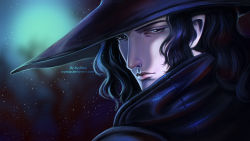 Rule 34 | 1boy, artist name, ayya sap, black eyes, black hair, coat, d (vampire hunter d), from behind, frown, hat, highres, light particles, long hair, looking back, male focus, portrait, signature, solo, vampire hunter d, watermark, web address, witch hat