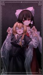 Rule 34 | 2girls, alternate costume, black dress, blindfold, blonde hair, bow, braid, brown hair, closed mouth, commentary, dress, expressionless, feathered wings, frilled bow, frills, hair bow, hair tubes, hakurei reimu, hand on another&#039;s shoulder, highres, holding another&#039;s wrist, karasu2023 2, kirisame marisa, long hair, long sleeves, looking at viewer, multiple girls, neck ribbon, ofuda, picture frame, red eyes, ribbon, side braid, single braid, touhou, white bow, white ribbon, white wings, wings