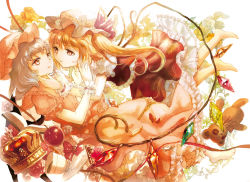 Rule 34 | 2girls, apple, bad id, bad pixiv id, barefoot, bat wings, blonde hair, bow, brooch, closed mouth, crown, crystal, cup, face-to-face, faux traditional media, flandre scarlet, floral background, flower, food, fruit, hair ribbon, hat, jewelry, keiko (mitakarawa), key, looking at another, mob cap, multiple girls, petals, puffy short sleeves, puffy sleeves, red bow, red eyes, red ribbon, remilia scarlet, ribbon, rose, short hair, short sleeves, siblings, side ponytail, silver hair, sisters, skirt, skirt set, stuffed animal, stuffed toy, teacup, teddy bear, touhou, wings, wrist cuffs, yellow flower, yellow rose
