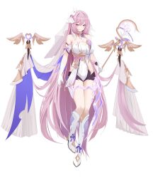 Rule 34 | 1girl, absurdres, boots, breasts, cleavage, commentary request, elysia (honkai impact), full body, gloves, highres, holding, holding staff, honkai (series), honkai impact 3rd, kuyoumi, large breasts, long hair, looking at viewer, pink hair, purple eyes, revealing clothes, shirt, simple background, sleeveless, sleeveless shirt, smile, solo, staff, standing, thighs, very long hair, white background, white footwear, white gloves