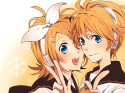 Rule 34 | 1boy, 1girl, bad id, bad pixiv id, blonde hair, blue eyes, blush, brother and sister, camelot, hair ornament, hair ribbon, hairclip, headphones, kagamine len, kagamine rin, one eye closed, open mouth, ribbon, short hair, siblings, smile, twins, v, vocaloid, wink