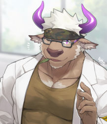 Rule 34 | 1boy, ^^^, alternate costume, animal ears, bara, black-framed eyewear, camouflage, chest hair, coat, covered abs, cow boy, cow ears, cow horns, furry, furry male, glasses, goshiki, green tank top, hand up, headband, horns, lab coat, large pectorals, male focus, muscular, one eye closed, open clothes, open coat, pectorals, purple eyes, purple horns, shennong (housamo), short hair, sideburns, solo, tank top, tokyo houkago summoners, white hair
