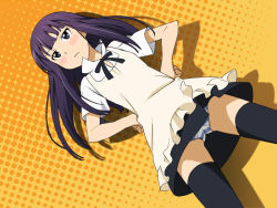 Rule 34 | 1girl, apron, bad id, bad pixiv id, black thighhighs, blue eyes, blunt bangs, blush, dutch angle, from below, hands on own hips, hime cut, long hair, panties, pantyshot, purple hair, rutarou, skirt, solo, spread legs, standing, striped clothes, striped panties, thighhighs, underwear, upskirt, waitress, working!!, yamada aoi, zettai ryouiki