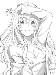 Rule 34 | 10s, 1girl, arms up, blush, bokokichi (you), breasts, camisole, closed mouth, greyscale, ichinose shiki, idolmaster, idolmaster cinderella girls, long hair, long sleeves, looking at viewer, medium breasts, monochrome, open clothes, open shirt, shirt, simple background, smile, solo, strap slip, wavy hair