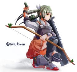 Rule 34 | 10s, 1girl, archery, black hair, black thighhighs, blush, boots, bow (weapon), flight deck, gloves, grey hair, hair ribbon, highres, japanese clothes, kantai collection, kironxx, kneeling, kyuudou, long hair, md5 mismatch, muneate, on one knee, partially fingerless gloves, partly fingerless gloves, personification, quiver, resolution mismatch, ribbon, shiro (kiron), skirt, source smaller, thigh boots, thighhighs, turbine, twintails, weapon, yellow eyes, yugake, zuikaku (kancolle)