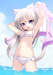 Rule 34 | 1girl, absurdres, animal ear fluff, animal ears, armpits, arms up, bikini, breasts, cat ears, cat girl, cat tail, cloud, fang, highres, jacket, unworn jacket, long hair, mogura2009, open mouth, original, outdoors, pink eyes, pink jacket, silver hair, sky, small breasts, smile, solo, swimsuit, tail, wading, water, white bikini