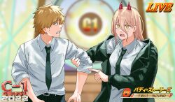 Rule 34 | 1boy, 1girl, absurdres, black jacket, black necktie, blonde hair, chainsaw man, collared shirt, cross-shaped pupils, denji (chainsaw man), game show, hair between eyes, highres, horns, jacket, long hair, necktie, open mouth, pink hair, pointing, pointing at another, power (chainsaw man), red horns, sharp teeth, shirt, short hair, sleeves rolled up, sweat, symbol-shaped pupils, teeth, tokishima sikuka, white shirt, yellow eyes