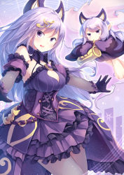 Rule 34 | 2girls, absurdres, breasts, chibi, cleavage, cleavage cutout, clothing cutout, cowboy shot, detached sleeves, dress, duel monster, gloves, hair ornament, highres, instrument, kanzakietc, long hair, multiple girls, music, open mouth, playing instrument, pointy ears, purple dress, purple eyes, purple hair, solsolfachord gracia, yu-gi-oh!