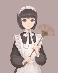 Rule 34 | 1girl, apron, bad id, bad pixiv id, black eyes, black hair, bob cut, bow, bowtie, duster, feather duster, grey background, holding, light smile, long sleeves, maid, maid apron, maid headdress, puffy long sleeves, puffy sleeves, shirley (manga), shirley medison, short hair, simple background, solo, zek (zecola)