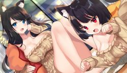 Rule 34 | 2girls, :d, animal ear fluff, animal ears, aran sweater, azur lane, bare legs, bare shoulders, barefoot, black hair, blue eyes, breasts, brown sweater, cable knit, cat ears, cleavage, collarbone, commentary request, dutch angle, fang, fusou (azur lane), fusou (perfect partner?) (azur lane), knees up, kurot, large breasts, long hair, long sleeves, looking at viewer, multiple girls, off-shoulder sweater, off shoulder, open mouth, paw pose, red eyes, short hair, sitting, smile, sweater, thighs, yamashiro (azur lane)