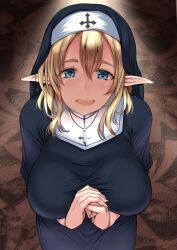 Rule 34 | 1girl, black dress, blonde hair, blue eyes, breasts, cross, cross necklace, dress, elf, from above, habit, highres, jewelry, kuurunaitsu, large breasts, long hair, long pointy ears, long sleeves, looking at viewer, necklace, nun, open mouth, original, pointy ears, solo, traditional nun