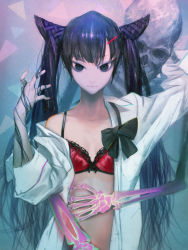 1girl bad_id bad_pixiv_id black_eyes black_hair bra hair_ornament hairclip long_hair midriff original ribbon skeleton tomono_rui twintails underwear