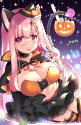 Rule 34 | 1girl, animal ears, bandaged arm, bandages, black capelet, black skirt, blush, braid, braided bangs, breasts, candy, capelet, cat ears, cat tail, cleavage, collar, commentary request, crop top, elbow gloves, fake animal ears, food, garter belt, gloves, hair between eyes, halloween, halloween bucket, hat, highres, holding, large breasts, lollipop, long hair, looking at viewer, miharu (ringo sui), mini hat, navel, original, pink hair, red eyes, ringo sui, sidelocks, single glove, skirt, solo, striped clothes, striped thighhighs, tail, thighhighs, tongue, tongue out, witch hat