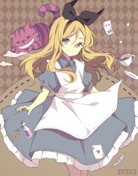 Rule 34 | 1girl, ace (playing card), ace of hearts, alice (alice in wonderland), alice in wonderland, apron, bad id, bad pixiv id, black bow, blonde hair, blue dress, blue eyes, bottle, bow, card, cat, checkered background, cheshire cat (alice in wonderland), child, closed eyes, cup, dress, female focus, flat chest, floating, floating object, frilled dress, frills, hair bow, hair ornament, happy, heart, legs, long hair, looking at viewer, okono, playing card, potion, ribbon trim, signature, smile, spilled liquid, sugar cube, tail, tea, teacup, white apron