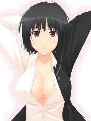 Rule 34 | 1girl, absurdres, alternate breast size, amagami, arms behind head, bad id, bad pixiv id, black hair, breasts, cleavage, halftone, halftone background, highres, hinata nao, huge breasts, large breasts, nanasaki ai, no bra, open clothes, open shirt, parted lips, shirt, short hair, solo