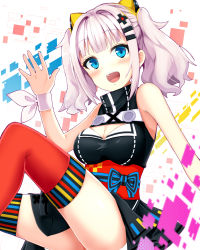 Rule 34 | 1girl, :d, bad id, bad pixiv id, bare shoulders, black dress, blunt bangs, blush, breasts, cleavage, cleavage cutout, clothing cutout, commentary request, dress, grey hair, hair ornament, hairclip, hand up, head tilt, kaguya luna, kaie, looking at viewer, medium breasts, obi, open mouth, red thighhighs, sash, sidelocks, sitting, sleeveless, sleeveless dress, smile, solo, teeth, the moon studio, thighhighs, twintails, upper teeth only, virtual youtuber