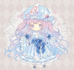 Rule 34 | 1girl, alternate hair length, alternate hairstyle, arms up, belt, blue belt, blue bow, blue dress, blue footwear, blue hat, blue kimono, blush, bow, breasts, butterfly wings, buttons, chibi, closed mouth, collared dress, dress, eyes visible through hair, floral print, flower, frilled kimono, frills, full body, ghost, grey background, hair between eyes, hands up, hat, hat ornament, highres, hitodama, insect wings, japanese clothes, juliet sleeves, kimono, long hair, long sleeves, looking at viewer, medium breasts, mob cap, nikorashi-ka, pink eyes, pink flower, pink hair, puffy sleeves, saigyouji yuyuko, shoes, solo, standing, touhou, triangular headpiece, very long hair, wavy hair, white flower, wide sleeves, wings