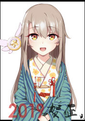 Rule 34 | 1girl, 2019, :d, absurdres, blush, brown eyes, brown hair, commentary request, fate/kaleid liner prisma illya, fate (series), floral print, hair between eyes, highres, illyasviel von einzbern, japanese clothes, kimono, long hair, long sleeves, looking at viewer, magical ruby, obi, open mouth, own hands together, pear sauce, print kimono, sash, smile, solo, very long hair, white background, white kimono