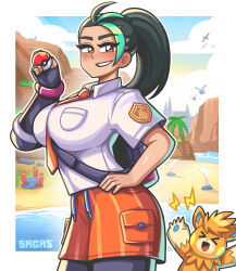 Rule 34 | 1girl, absurdres, artist name, beach, bird, black gloves, black hair, blush, breast pocket, breasts, brown eyes, cloud, collared shirt, creatures (company), dark-skinned female, dark skin, fingerless gloves, freckles, game freak, gloves, green hair, highres, holding, holding poke ball, large breasts, long hair, looking at viewer, multicolored hair, necktie, nemona (pokemon), nintendo, orange necktie, orange shorts, outline, outside border, palm tree, parted lips, pawmot, pocket, poke ball, pokemon, pokemon sv, ponytail, sagas293, shirt, short sleeves, shorts, single glove, smile, solo, streaked hair, striped clothes, striped shorts, tree, vertical-striped clothes, vertical-striped shorts, water, white outline, white shirt, wiglett, wugtrio