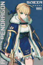 Rule 34 | 1girl, ahoge, alternate costume, artoria pendragon (all), artoria pendragon (fate), black dress, blonde hair, blue background, blue dress, blue jacket, blue ribbon, braid, breasts, character name, cleavage, closed mouth, collarbone, commentary request, cowboy shot, dolce (dolsuke), dress, excalibur (fate/stay night), fate/stay night, fate (series), fur-trimmed jacket, fur trim, green eyes, greyscale, hair ribbon, head tilt, highres, holding, holding sword, holding weapon, jacket, layered sleeves, long sleeves, looking at viewer, medium breasts, monochrome, open clothes, open jacket, ribbon, saber (fate), short hair, short over long sleeves, short sleeves, sidelocks, solo, standing, star (symbol), sword, two-tone background, weapon