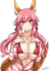 Rule 34 | 10s, 1girl, animal ears, bikini, bikini top only, blush, breasts, cleavage, covered erect nipples, fang, fang out, fate/extra, fate (series), fox ears, fox tail, hair ribbon, highres, hood, hoodie, huge breasts, long hair, looking at viewer, micro bikini, official alternate costume, open clothes, pink hair, ribbon, shirt, smile, solo, striped clothes, striped shirt, swimsuit, tail, tamamo (fate), tamamo no mae (fate/extra), tamamo no mae (spring casual) (fate), the-sinner, twintails, upper body, yellow eyes