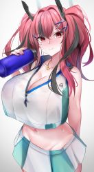 Rule 34 | 1girl, absurdres, arm behind back, azur lane, bad id, bad twitter id, breasts, bremerton (azur lane), bremerton (scorching-hot training) (azur lane), g3 (bitgiii), hair intakes, heart, heart necklace, highres, huge breasts, jewelry, looking at viewer, mole, mole under eye, necklace, shiny skin, simple background, skirt, smile, solo, sportswear, standing, sweat, tennis uniform, upper body, white background