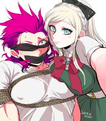Rule 34 | 1boy, 1girl, black bow, blonde hair, blush, bound, bow, bowtie, braid, breasts, brooch, collarbone, danganronpa (series), danganronpa 2: goodbye despair, dated, den1208, dress, gem, green dress, grey eyes, grey shirt, hair bow, jewelry, large breasts, long hair, looking at viewer, outstretched arm, pectorals, pink eyes, pink hair, ponytail, puffy short sleeves, puffy sleeves, red bow, red bowtie, rope, shirt, short sleeves, smile, sonia nevermind, soda kazuichi, tape, upper body