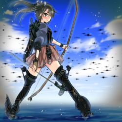 Rule 34 | 10s, 1girl, aircraft, airplane, blush, boots, bow (weapon), flying, gloves, hair ribbon, japanese clothes, kantai collection, long hair, looking at viewer, multiple girls, muneate, partially fingerless gloves, partly fingerless gloves, personification, ribbon, saki chisuzu, skirt, sky, smile, thigh boots, thighhighs, twintails, water, weapon, yugake, zuikaku (kancolle)