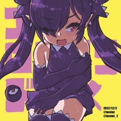 Rule 34 | 1girl, artist name, backbeako (torotei), backbeard, black dress, black gloves, black hair, black ribbon, black thighhighs, blush, commentary request, covering body, dated, dress, elbow gloves, eyes visible through hair, gegege no kitarou, gloves, hair over one eye, hair ribbon, kono lolicon domome, long hair, looking to the side, one eye closed, open mouth, original, pointy ears, red eyes, ribbon, simple background, sleeveless, sleeveless dress, solo, square mouth, sweatdrop, text background, thighhighs, torotei, translated, twintails, twitter username, yellow background
