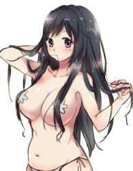 1girl bia black_hair breasts female_focus green_panties hair_in_own_mouth large_breasts long_hair looking_at_viewer navel original panties pasties purple_eyes side-tie_panties simple_background solo underwear underwear_only white_background