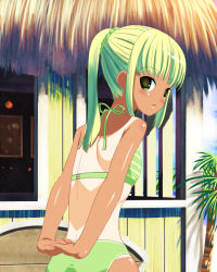 Rule 34 | 1girl, arms behind back, bad id, bad pixiv id, bikini, child, day, flat chest, from behind, green bikini, green hair, jpeg artifacts, looking at viewer, okina ika, one-piece tan, original, outdoors, parted lips, ponytail, shiny skin, solo, striped bikini, striped clothes, swimsuit, tan, tanline