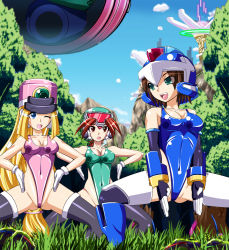 Rule 34 | 3girls, aile (mega man zx), ass, bare shoulders, black gloves, black legwear, blonde hair, blue eyes, blue leotard, breasts, brown hair, elbow gloves, gloves, grass, green leotard, guardians, haigure, haigure pose, happy, hat, helmet, large breasts, leotard, long hair, looking at another, mega man (series), mega man zx, mega man zx advent, megaman zx advent, model x (mega man), mountain, multiple girls, one eye closed, open mouth, pink leotard, prairie (mega man), red hair, reploid, shiny skin, skin tight, stocking, stomach, swimsuit, teeth, thick thighs, thighhighs, thighs, tongue, tree, white gloves, wide hips
