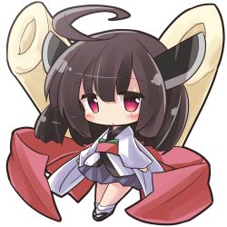 Rule 34 | 1girl, ahoge, black footwear, blush, brown hair, chibi, closed mouth, commentary request, full body, hair between eyes, headgear, highres, japanese clothes, kimono, long sleeves, obi, pleated skirt, purple skirt, red eyes, ryogo, sandals, sash, simple background, skirt, sleeves past wrists, socks, solo, touhoku kiritan, transparent background, voiceroid, white background, white kimono, white socks, wide sleeves, zouri