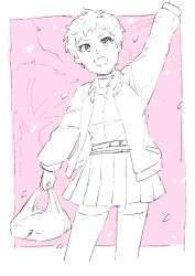 Rule 34 | 1girl, arm up, bag, belt, border, collared shirt, commentary request, cowboy shot, e-no-ki, falling petals, idolmaster, idolmaster cinderella girls, jacket, limited palette, long sleeves, looking at viewer, open clothes, open jacket, open mouth, outdoors, petals, pink background, pleated skirt, senzaki ema, shirt, shopping bag, short hair, sketch, skirt, smile, solo, thighhighs, very short hair, waving, white border