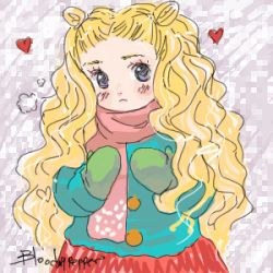 Rule 34 | 00s, 1girl, artist name, artist request, black eyes, blonde hair, blush, breath, coat, curly hair, double bun, frown, hanamoto hagumi, heart, honey and clover, looking at viewer, lowres, mittens, mosaic background, scarf, skirt, solo