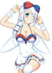 Rule 34 | 1girl, ;d, blue eyes, blush, breasts, cleavage, commentary request, creatures (company), eyelashes, game freak, gen 4 pokemon, grin, hair ribbon, highres, large breasts, long hair, looking at viewer, nintendo, one eye closed, open mouth, personification, pokemon, ribbon, smile, solo, togekiss, two-tone ribbon, white hair, yukimura chisa