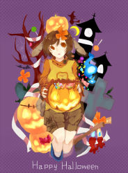 Rule 34 | 1girl, axe, blood, broom, broom riding, brown hair, candy, chie (lcddem), cross, food, halloween, highres, jack-o&#039;-lantern, lcddem, looking at viewer, pumpkin, short hair, shorts, solo, theta (543243462), turtleneck, weapon, witch, yellow eyes