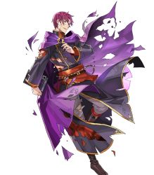 Rule 34 | 1boy, belt, book, boots, canas, cape, fire emblem, fire emblem: the blazing blade, fire emblem heroes, full body, highres, injury, male focus, monocle, nintendo, official art, open mouth, purple eyes, purple hair, solo, torn clothes, transparent background