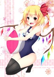 Rule 34 | 1girl, ball, black thighhighs, blonde hair, blush, fang, flandre scarlet, hair ribbon, hand in own hair, highres, looking at viewer, one-piece swimsuit, open mouth, ribbon, school swimsuit, side ponytail, sisterakuma, smile, solo, swimsuit, thighhighs, touhou, wings