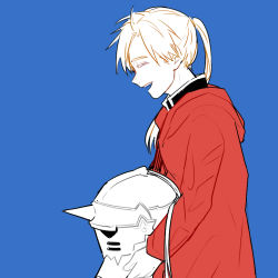 Rule 34 | 1boy, ^ ^, alphonse elric, blue background, closed eyes, coat, conqueror of shambala, closed eyes, fullmetal alchemist, gloves, happy, helmet, long hair, male focus, open mouth, ponytail, profile, red coat, simple background, smile, solo, standing