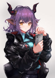 Rule 34 | 1girl, absurdres, arknights, black jacket, black necktie, blue shirt, brown eyes, cellphone, grey background, hair between eyes, hands up, highres, holding, holding phone, horns, jacket, long sleeves, looking at viewer, necktie, open clothes, open jacket, phone, purple hair, shirt, short hair, sideroca (arknights), simple background, smartphone, solo, trrcmb, upper body