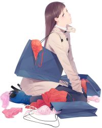 Rule 34 | bag, bra, brown hair, coat, full body, high heels, highres, long hair, looking at viewer, looking to the side, panties, pantyhose, paper bag, simple background, sitting, solo, sousou (sousouworks), tears, underwear, wariza, white background