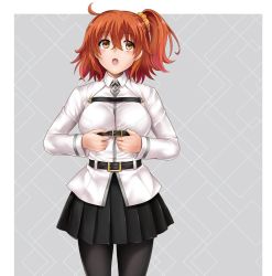 Rule 34 | 1girl, adjusting belt, ahoge, belt, black pantyhose, black skirt, breasts, chaldea uniform, collared shirt, cyclone (reizei), fate/grand order, fate (series), fujimaru ritsuka (female), hair ornament, hair scrunchie, large breasts, long sleeves, looking at viewer, looking up, one side up, open mouth, orange eyes, orange hair, orange scrunchie, pantyhose, scrunchie, shirt, short hair, skirt, solo, thighs, white shirt